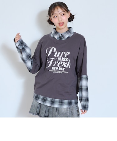 【LTXC】フェイクレイヤードチェックシャツチュニックワンピ