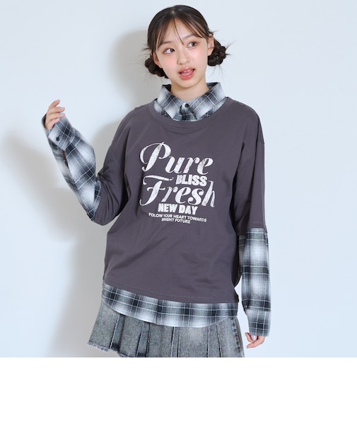 【LTXC】フェイクレイヤードチェックシャツチュニックワンピ