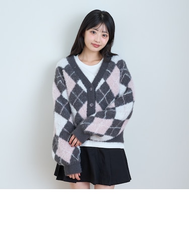 【洗える/静電気軽減】インナー付アーガイルシャギーニットカーディガン