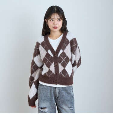 【洗える/静電気軽減】インナー付アーガイルシャギーニットカーディガン