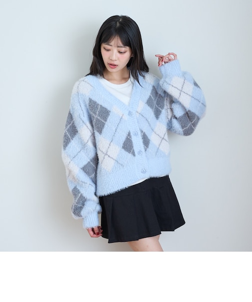 【洗える/静電気軽減】インナー付アーガイルシャギーニットカーディガン
