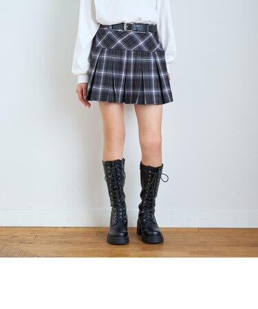 【起毛】ベルト付チェックプリーツスカート