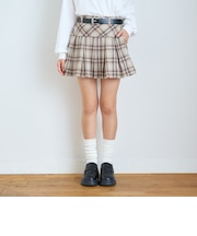 【起毛】ベルト付チェックプリーツスカート