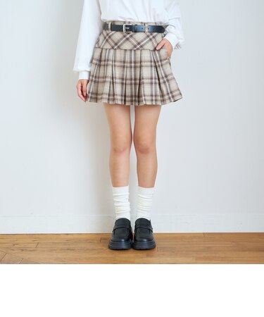 【起毛】ベルト付チェックプリーツスカート