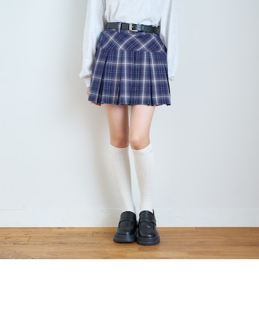 【起毛】ベルト付チェックプリーツスカート