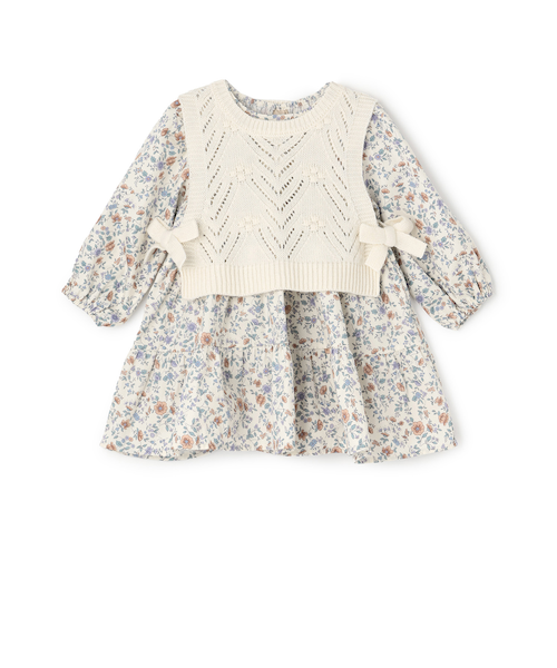 いちごプリント 半袖 ミディ丈ワンピース リンク】いちご柄ドッキングワンピース(キッズ)（ミドル