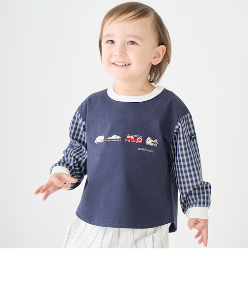 働く車　袖布帛長袖Tシャツ