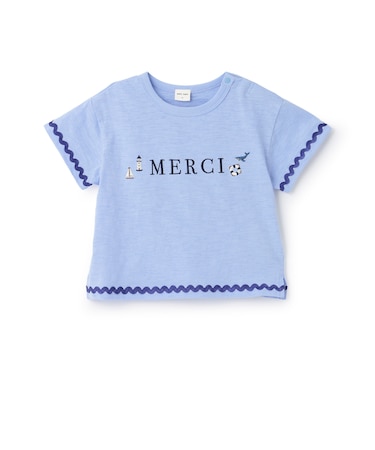 【接触冷感】マリン刺しゅう袖ラインTシャツ