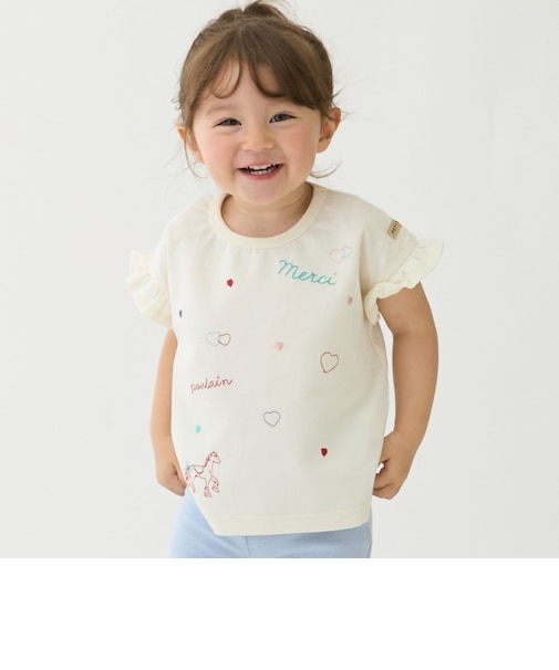 袖フリル刺しゅうTシャツ