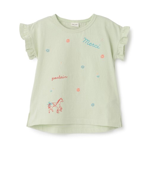 袖フリル刺しゅうTシャツ