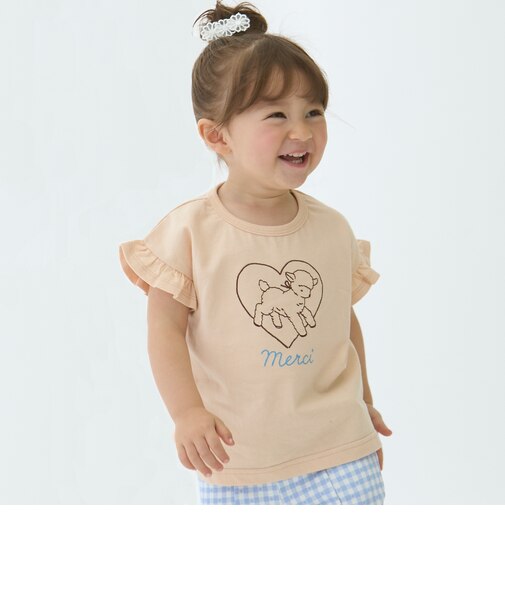 袖フリル刺しゅうTシャツ