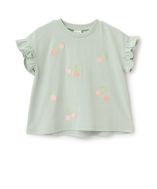 【接触冷感】袖フリル刺しゅう半袖Tシャツ