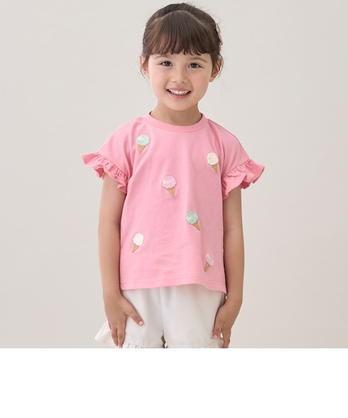 【接触冷感】袖フリル刺しゅう半袖Tシャツ