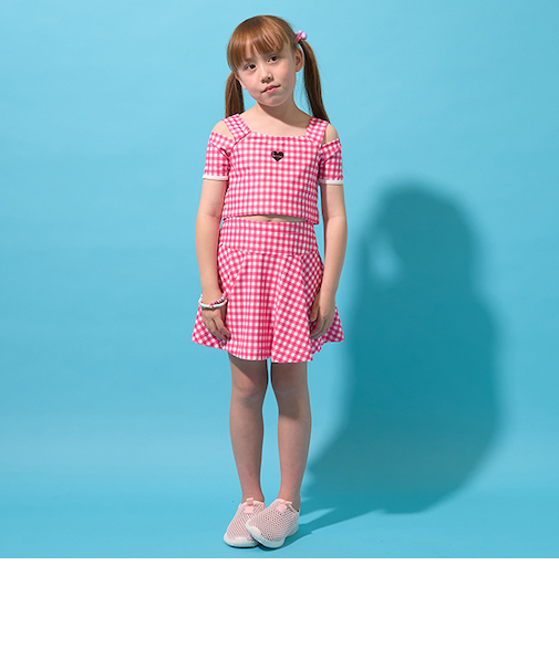 【UVカット/水着/SWIM】オフショル風トップス、フレアスカートパンツつき