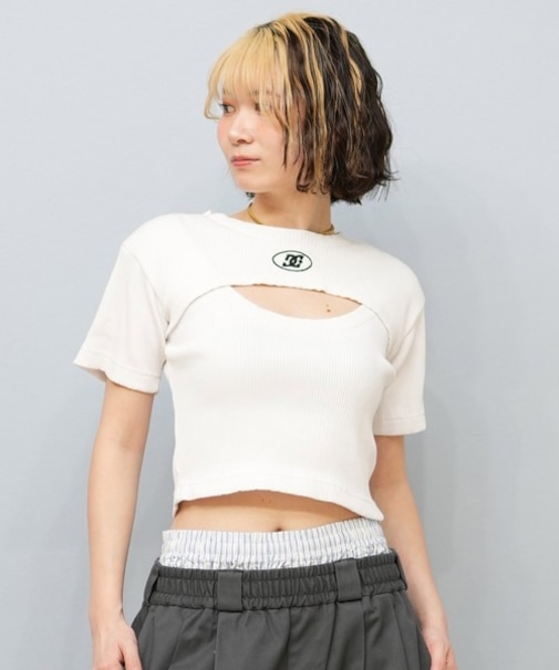 DC(ディーシー)半袖 Tシャツ レイヤード リブ素材 クロップド丈 ショート丈 ロゴ セットアップ対応 LST252307/レディース ムラサキスポーツ