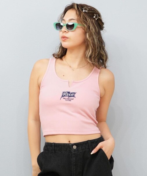 RVCA/タンクトップ ノースリーブ クロップド丈 リブ 刺繍ロゴ BF04C-372 BF04C372 ルーカ レディース ムラサキスポーツ