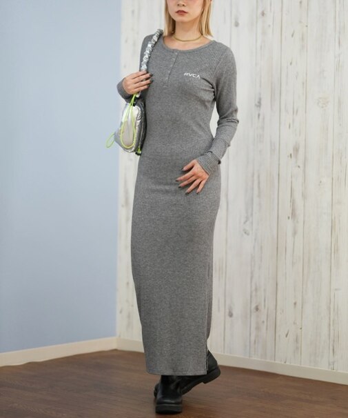 RVCA/ワンピース ヘンリーネック リブ ロゴ ワンポイント HENRY NECK SLIM DRESS BF044-351 ルーカ レディース ムラサキスポーツ