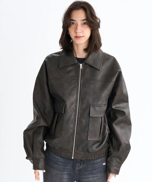 ROXY/エコレザージャケット オーバーサイズ シンプル ワンポイント ロゴ MY BEST ウィメンズ RJK254024 レディース ロキシー アウター ムラサキスポーツ