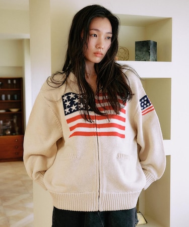 【限定】RIKKAFEMME/ニット セーター ジップアップ パーカー 星条旗 RF25FW18 リッカファム レディース ムラサキスポーツ限定
