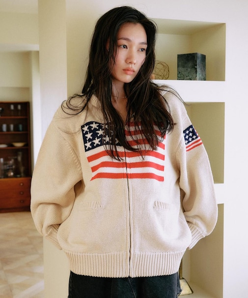 【限定】RIKKAFEMME/ニット セーター ジップアップ パーカー 星条旗 RF25FW18 リッカファム レディース ムラサキスポーツ限定