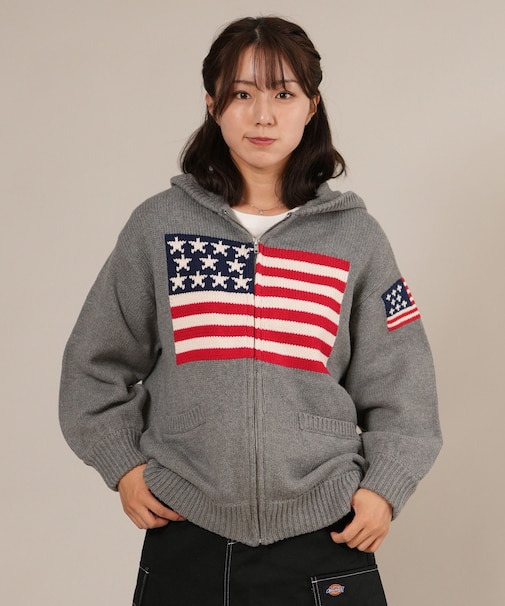 【限定】RIKKAFEMME/ニット セーター ジップアップ パーカー 星条旗 RF25FW18 リッカファム レディース ムラサキスポーツ限定
