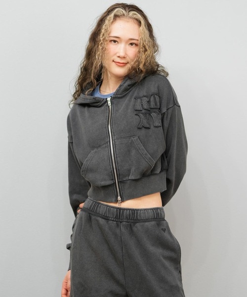 ROXY/長袖ジップアップ パーカー ウォッシュ加工 クロップド丈