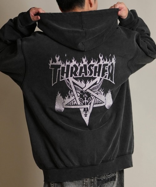 THRASHER/254TH1PK070 ジップアップ パーカー  ピグメント加工 ミニ裏毛 スウェット フーディー バックプリント スラッシャー メンズ ムラサキスポーツ