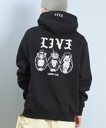 【限定】LURKING CLASS/LIV3 HOOD ST25FUM01 裏起毛 プルオーバー パーカー スウェット フーディー バックプリント ラーキングクラス メンズ ムラサキスポーツ限定