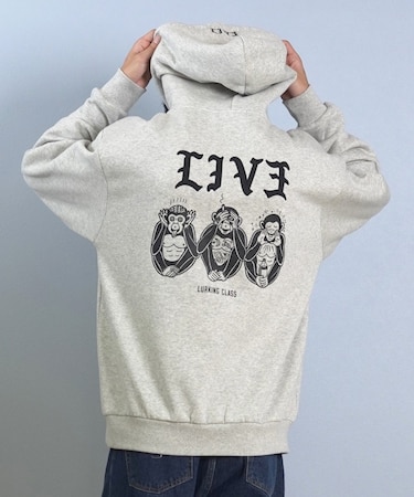 【限定】LURKING CLASS/LIV3 HOOD ST25FUM01 裏起毛 プルオーバー パーカー スウェット フーディー バックプリント ラーキングクラス メンズ ムラサキスポーツ限定