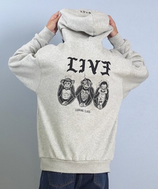 【限定】LURKING CLASS/LIV3 HOOD ST25FUM01 裏起毛 プルオーバー パーカー スウェット フーディー バックプリント ラーキングクラス メンズ ムラサキスポーツ限定