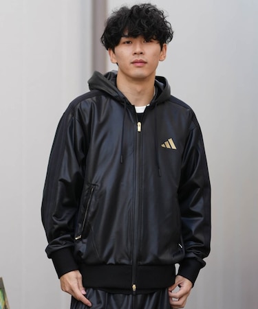 adidas/TV847 Stadium Gold ルーズフィット フードトラックトップ セットアップ対応 ジップアップ パーカー トラックジャケット アディダス メンズ ムラサキスポーツ