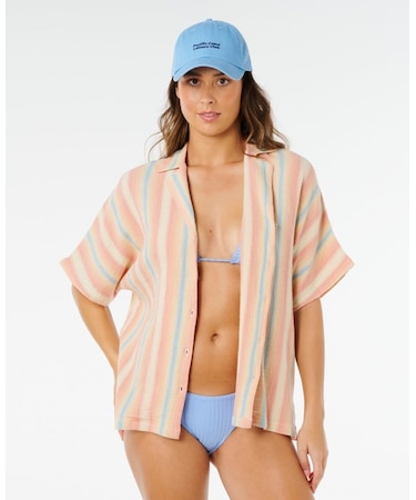 RIP CURL/07RWSH ブラウス シャツ 半袖シャツ セットアップ対応 SURF STRIPE S/S SHIRT インポート リップカール レディース ムラサキスポーツ