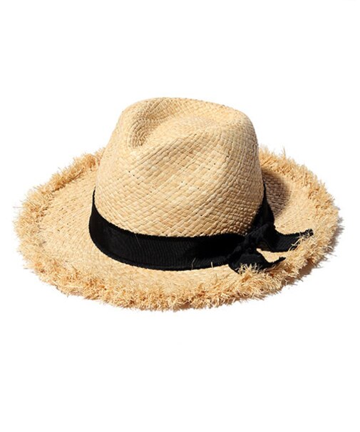 ラフィア細編ツバ広フリンジハット
