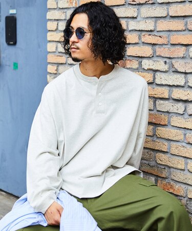 WEB限定 CHOW DOWN/チャウダウン ビッグシルエット ワンポイント刺繍 ヘンリーネック ロングスリーブTシャツ/ロンT/ワイドシルエット