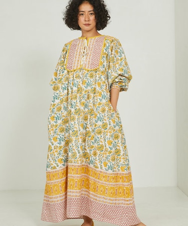 インド胸キルト木版ワンピース