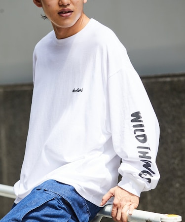 WEB限定 WILD THINGS×FREAK'S STORE/ワイルドシングス 別注 ビッグシルエット 袖プリント ロングスリーブTシャツ/ロンT