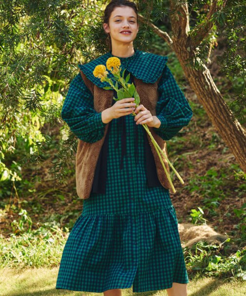 襟付きギンガムチェックワンピース