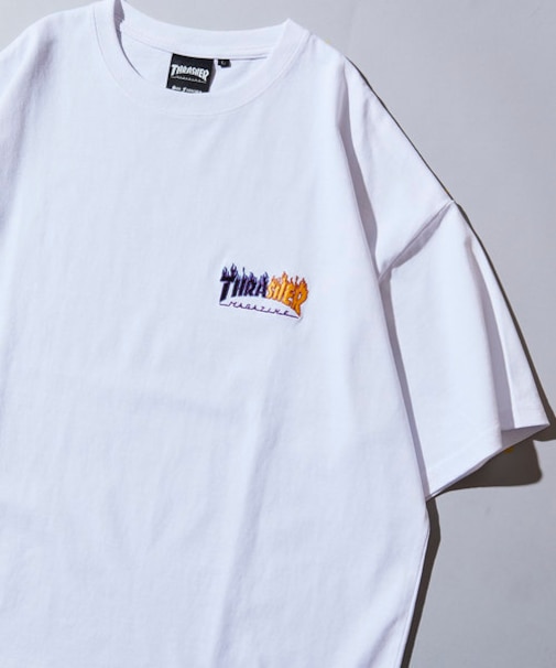 【限定展開】THRASHER×FREAK'S STORE/スラッシャー 別注 ビッグシルエット ワンポイント刺繍 フレイムロゴ クルーネックTシャツ