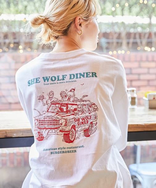 【限定展開】SHE WOLF DINER×FREAK'S STORE/シーウルフダイナー 別注 ビッグシルエット バックプリントTシャツ/CAR