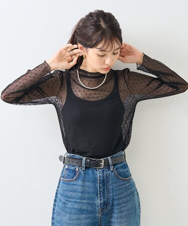 ドット チュール 長袖トップス