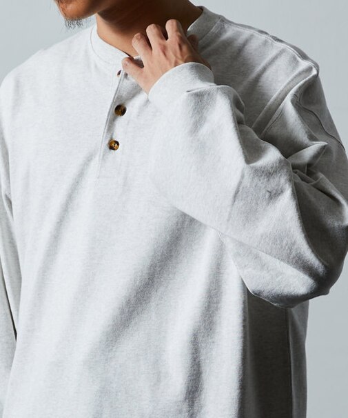 限定展開 9オンス Heavyweight ビッグシルエット ヘンリーネック ロングスリーブTシャツ/ヘビーウェイト/ロンTEE