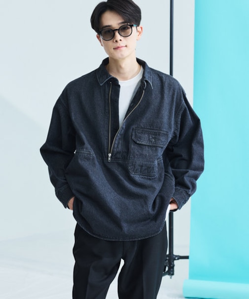 HF-ZIP DENIM L/S SHT/ハーフジップ デニム ロングスリーブ シャツ/リラックスフィット