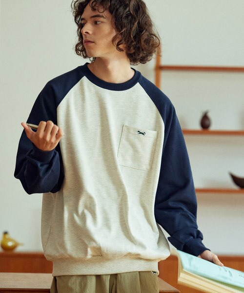 別注 リラックスフィット 配色ラグランスリーブ ポケットクルーネック