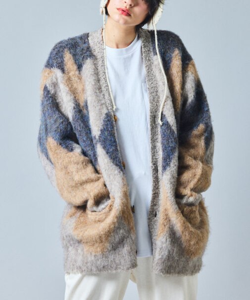 リラックスフィット アーガイル シャギーニットカーディガン