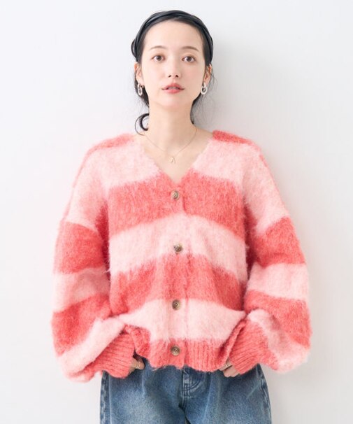 ジャギー ボーダー ニットカーディガン