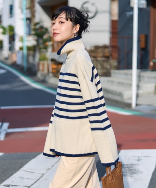 ボーダー タートルニット