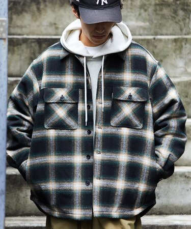 リラックスフィット オンブレチェック ネル 中綿シャツブルゾン/ワークシャツ/ネルシャツ/ビックシルエット/シャツアウター/キルティング