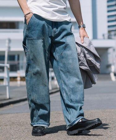 ストレートシルエット ワイド ダブルニーデニム