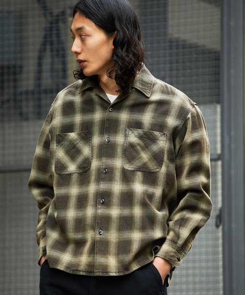ブリーチ加工 オープンカラー オンブレチェック シャツ/ロングスリーブ