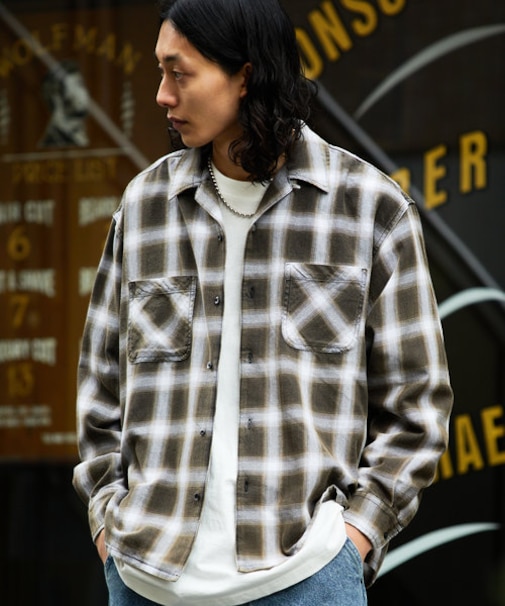 ブリーチ加工 オープンカラー オンブレチェック シャツ/ロングスリーブ/リラックスフィット